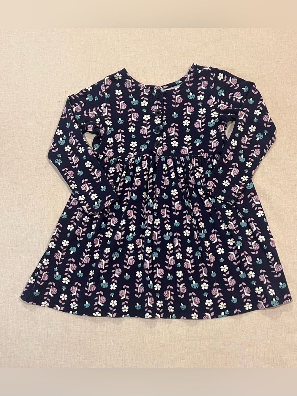 Hannah Andersson Navy Floral Snails Mushrooms Cotton Jersey Dress Sz 110cm US 5